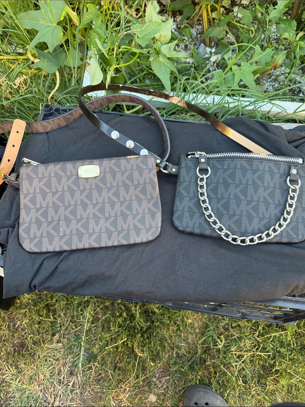 Michael Kors Brown and Black MK Signature Double Crossbody Pouches